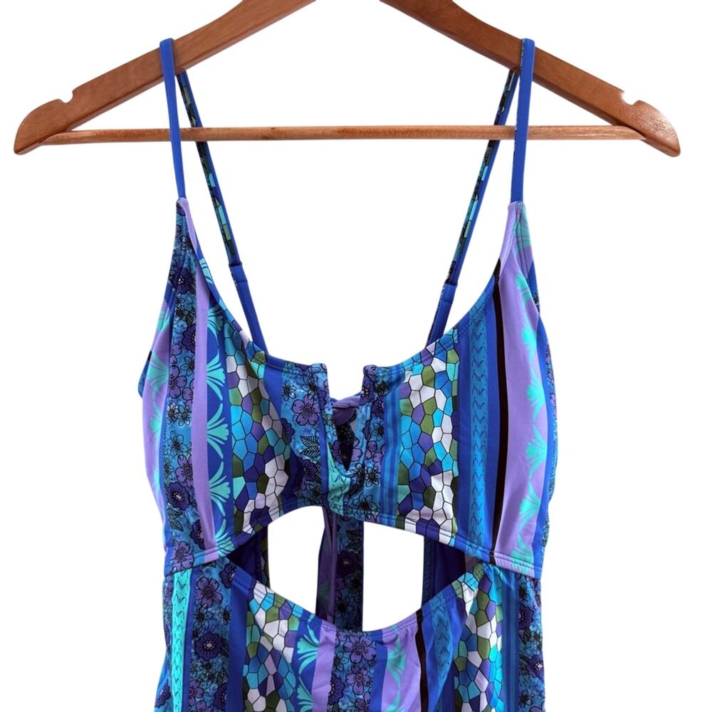 NWT Lucky Brand V-Neck Mixed Media Multi Print Cut Out One Piece Swimsuit Size L - Picture 3 of 13